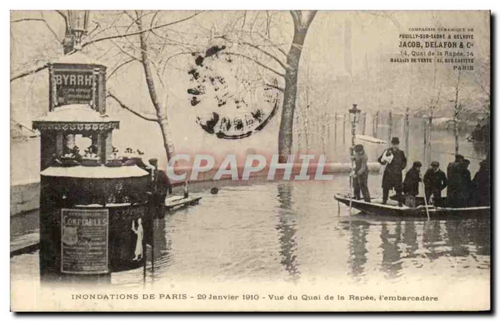 Überschwemmungen in Paris — 29. Januar 1910 — Ansicht des Quais de la Rapée, der Anlegestelle — Compagnie Céramique Jacob, Delafon & Cie - Vorderseite