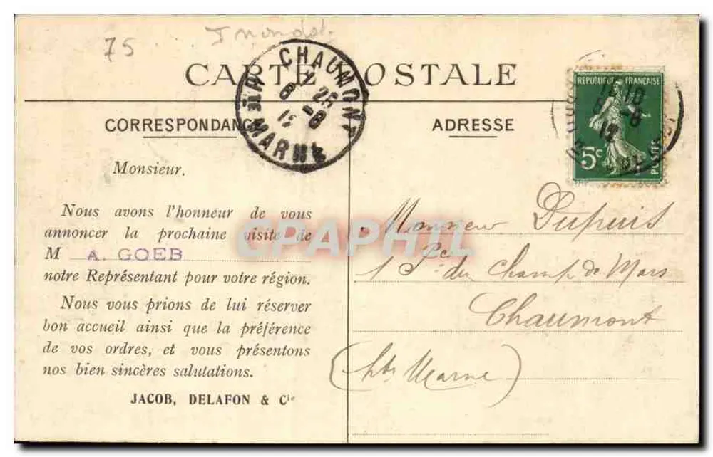 Überschwemmungen in Paris — 29. Januar 1910 — Ansicht des Quais de la Rapée, der Anlegestelle — Compagnie Céramique Jacob, Delafon & Cie - Rückseite