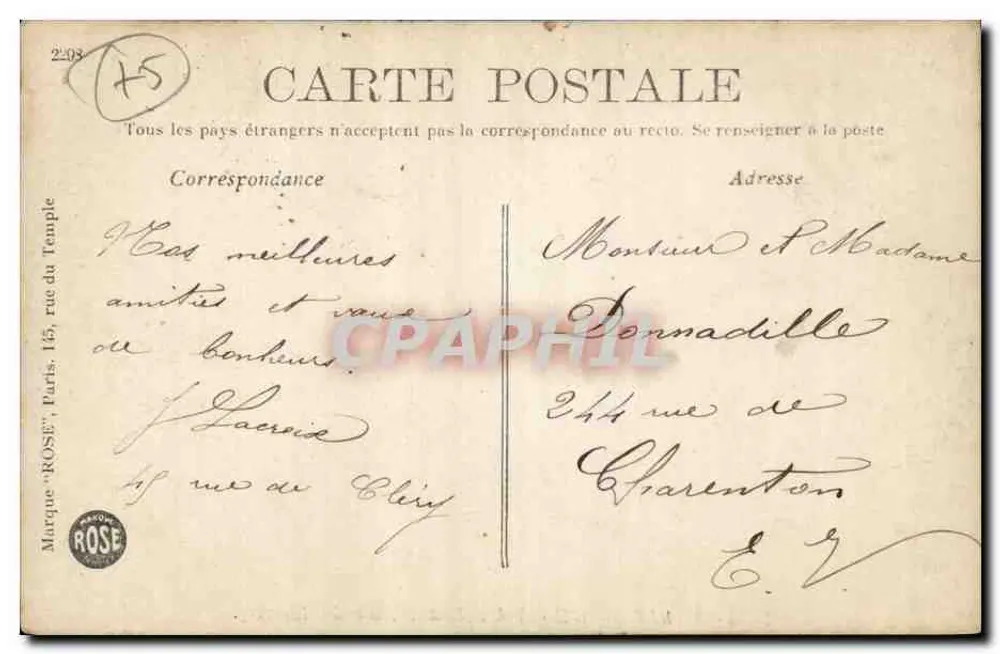 Paris — O Hotel das Postas (Rua do Louvre) — Marca 'ROSE' n°113 - Verso