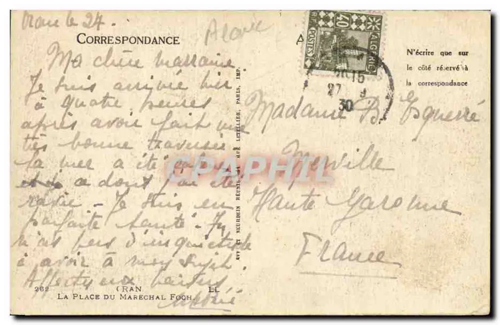 Platz des Generals de Gaulle — Algerien — Verlag 'La Place du Marechal Foch' n°262 - Rückseite