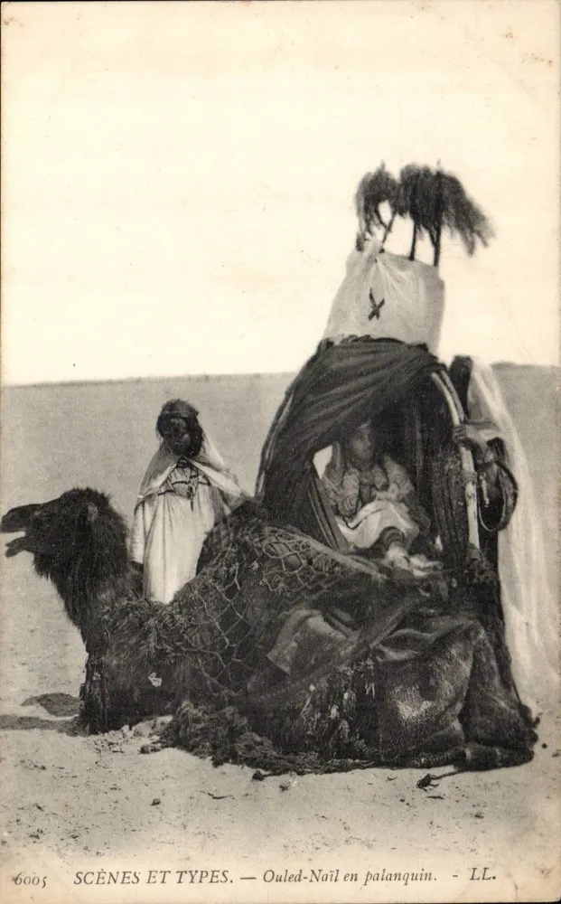 Ouled-Nail en palanquín — SCÈNES ET TYPES — LL. n° 6005 - Anverso