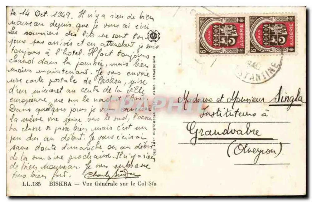 Biskra — Allgemeiner Blick über den Col Sfa — LL.185 — Verlag: DESMAY PHOTOGRAPHERS - Rückseite
