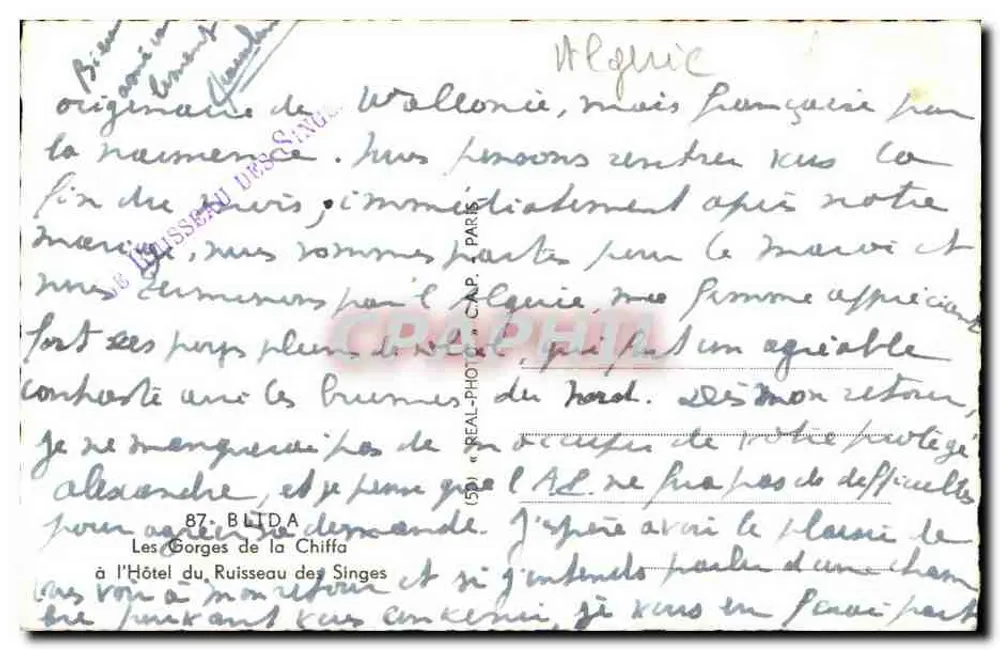 Die Gorges de la Chiffa — Hotel du Ruisseau des Singes — Verlag CAP, Nr. 87 - Rückseite