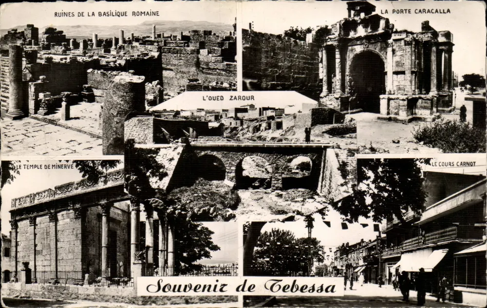 Ruínas da Basílica Romana — A Porta Caracalla — O Oued Zarour — O Templo de Minerva — O Cours Carnot — Lembrança de Tebessa - Frente
