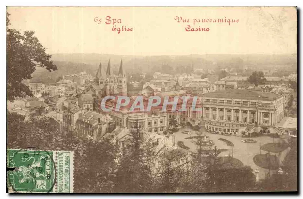 Spa, Kirche — Panoramablick auf das Casino — Verlag Leumann & Cie, Zondag - Vorderseite