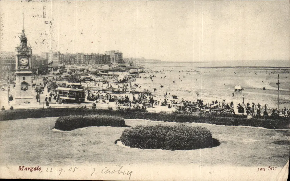 Margate — widok plaży i wieży — J. Crooby, nr 501 - Awers