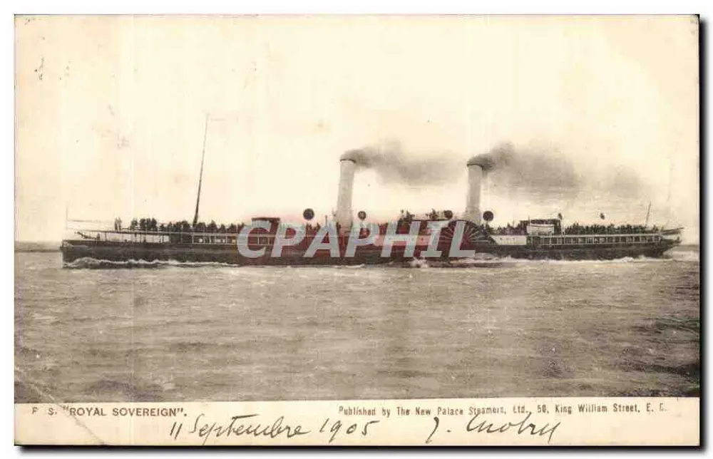 F.S. "ROYAL SOVEREIGN" — Dampfschiff mit Flügelrädern — Verlag: The New Palace Steamers, Ltd., 50, King William Street, E.C. - Vorderseite