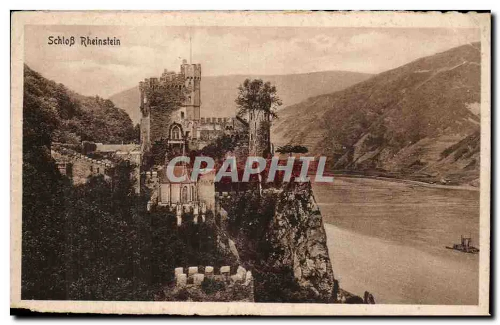 Schloß Rheinstein — castelo em penhasco à beira do rio Reno — editor não visível - Frente