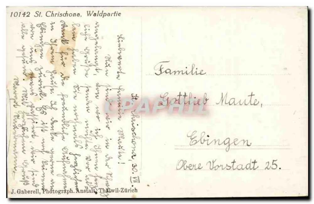 St. Chrischona, Waldpartie — J. Gaberell, Fotostation, Thalwil-Zürich, n° 10142 - Verso