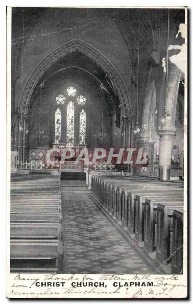 Interior de la iglesia Christ Church, Clapham — vista de la nave y los vitrales — editor no identificado - Anverso
