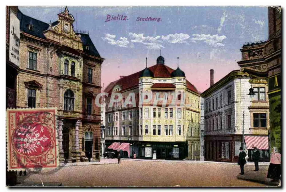 Bielitz. Stadtberg. — Ansicht einer Straße mit Gebäuden und Passanten — Verleger nicht sichtbar - Vorderseite