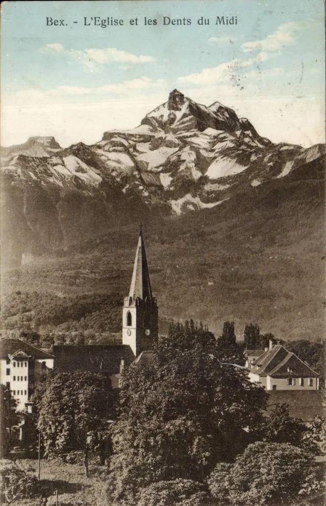 Bex — Die Kirche und die Dents du Midi — Siegel, Verlag Art. R. E. Chapalla, Sohn, Lausanne - Vorderseite