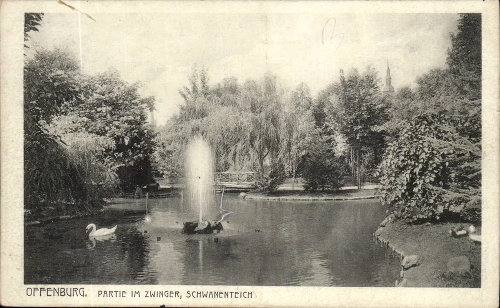 Offenburg. Teil des Zwingers, Schwanenteich — Verleger Original-Eigentümer Gebr. Röthling - Vorderseite
