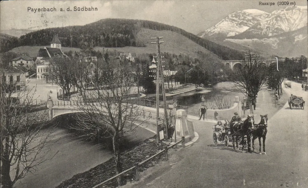 Payerbach a.d.Südbahn — vista do ponte e das montanhas — Kunstverlag S. Frank, Graz, n° 739.2.B - Frente