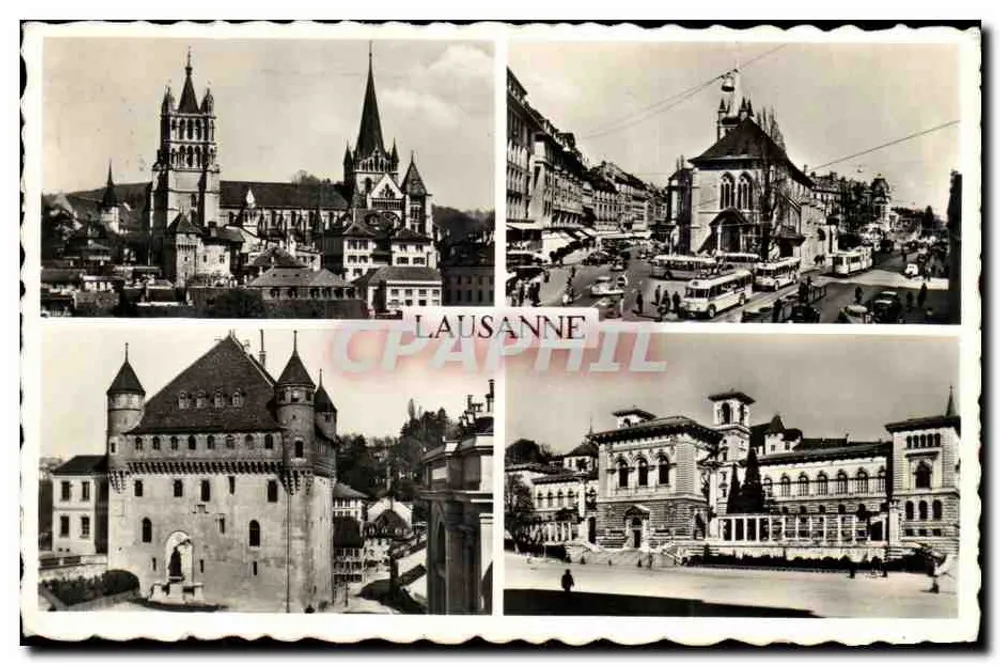 Lausanne — vista panorâmica com catedral, rua movimentada, torre medieval e edifício clássico — Edição Phot. Perrochet, n°361 - Frente