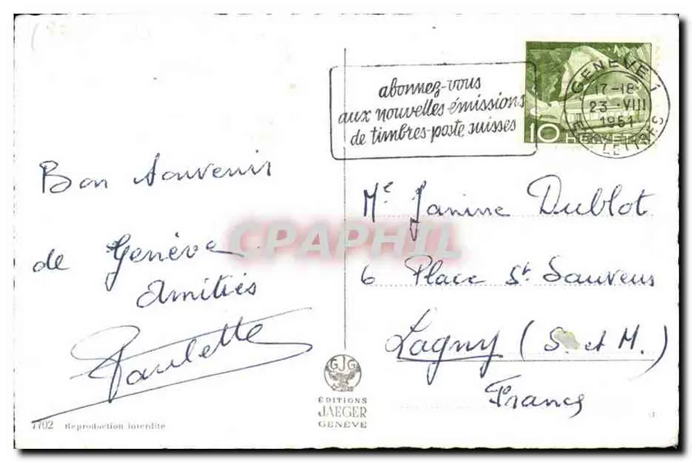 Genebra — Lembrete da cidade — Éditions Jaeger - Verso