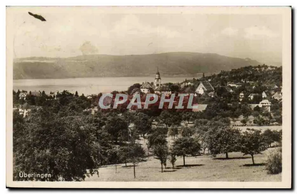 Überlingen — Panoramablick mit Kirche und See — unbekannter Verlag - Vorderseite