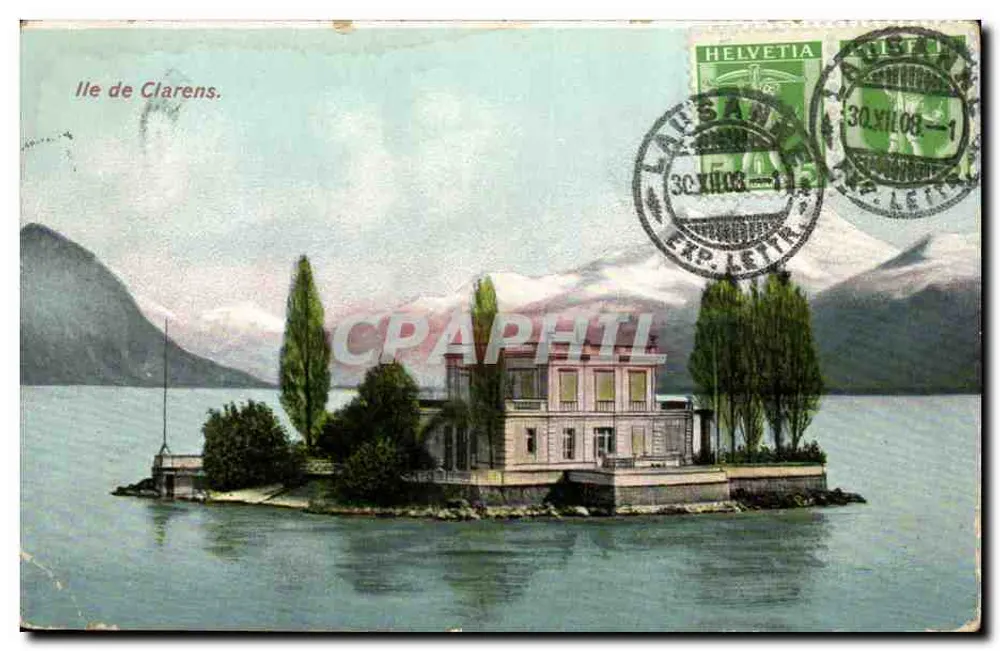 Ilha de Clarens — vista de uma villa na ilha — editada por Mary Folsom Co., Lausanne - Frente