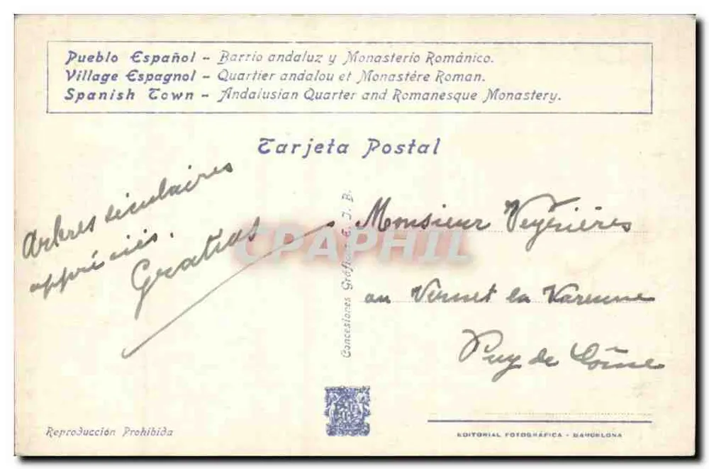 Luftbild von Barcelona — Internationale Ausstellung von Barcelona 1929 — Verlag: Editorial Fotográfica, n° B-27 - Rückseite