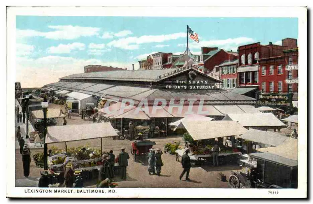 Lexington Market, Baltimore, MD. — mercado cubierto con puestos y transeúntes — editor A.M. Ottenheimer, n° 70919 - Anverso