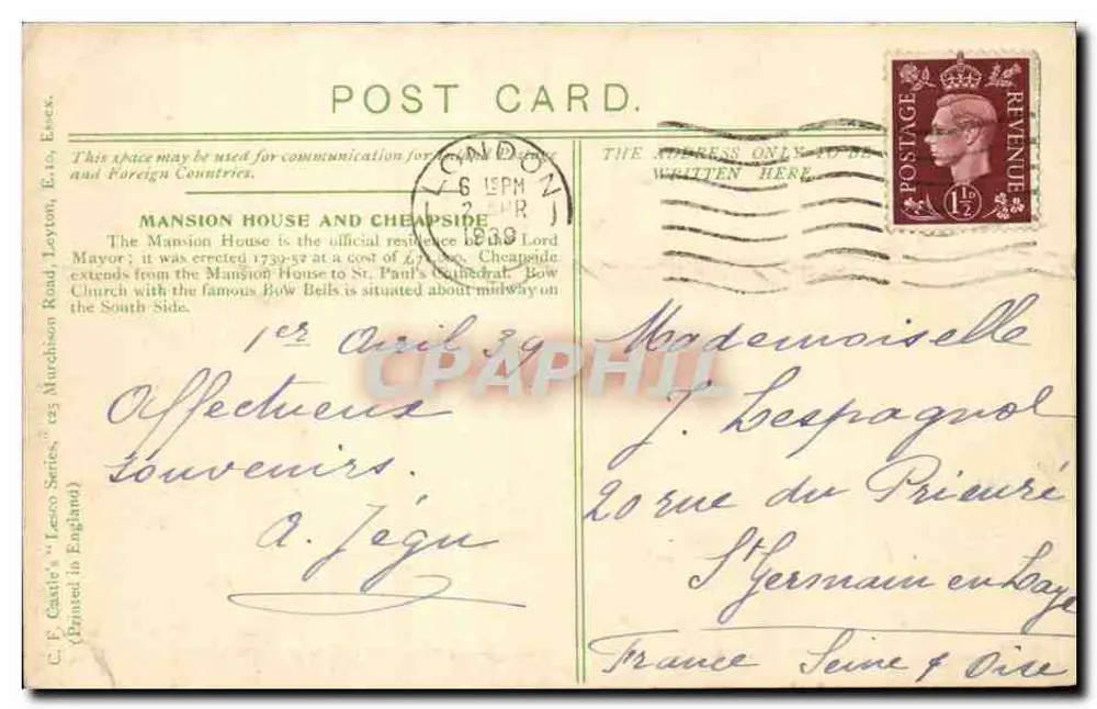 LONDRES - MANSION HOUSE AND CHEAPSIDE — C.F. Castle's 'Leasco Series' (impresso) - Verso