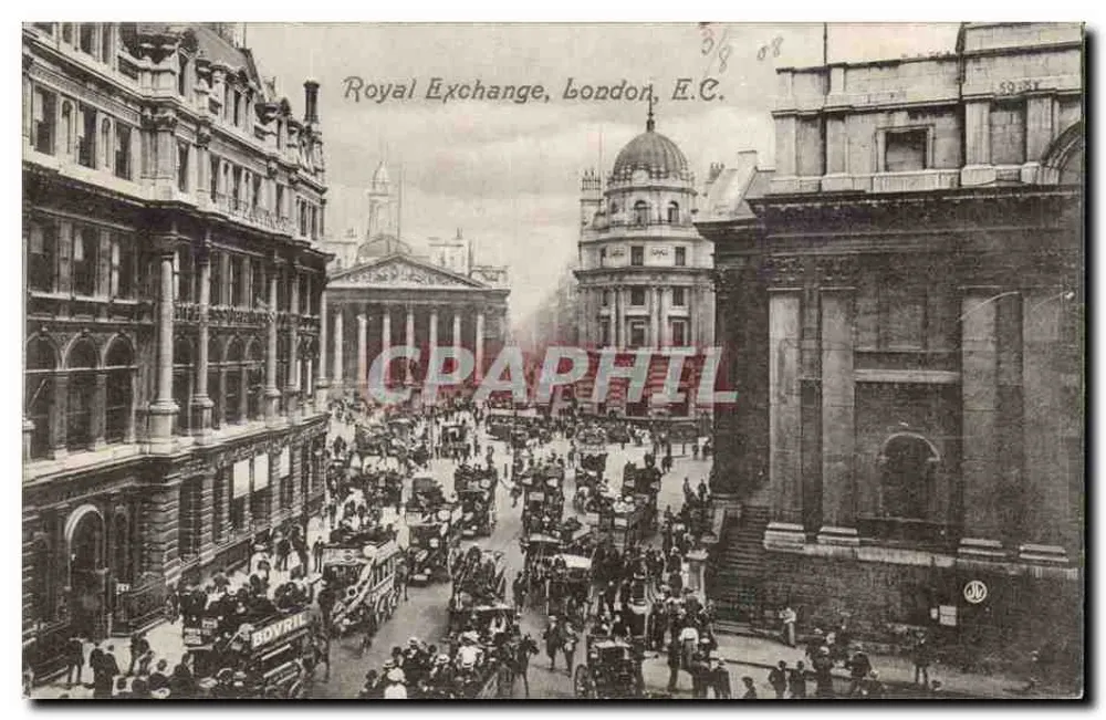 Royal Exchange, London, E.C. — lebendige Ansicht der Place mit Fahrzeugen und Fußgängern — Verlag Boivail, Valentine's Series - Vorderseite