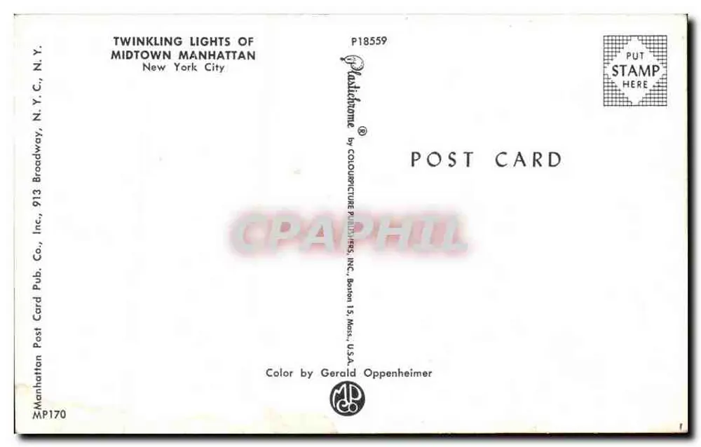 Luzes brilhantes do Midtown Manhattan — Nova Iorque — Manhattan Post Card Pub. Co., Inc., Boston - Verso