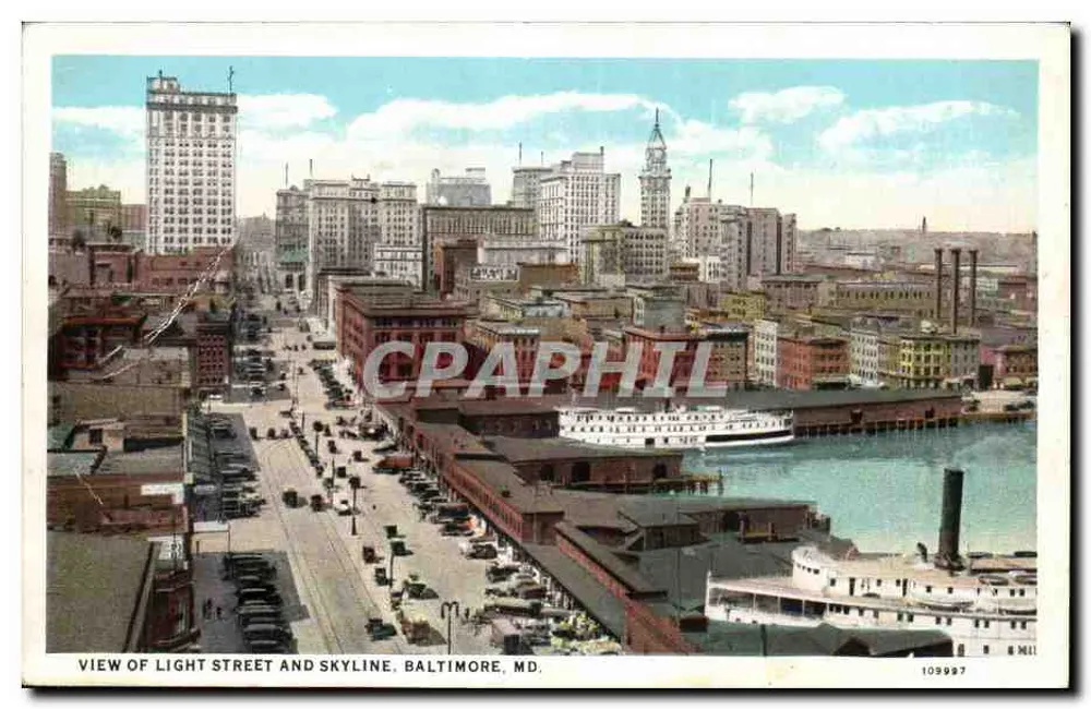Ansicht von Light Street und Skyline, Baltimore, MD — Éditeur C. T. American Art, n° 109997 - Vorderseite