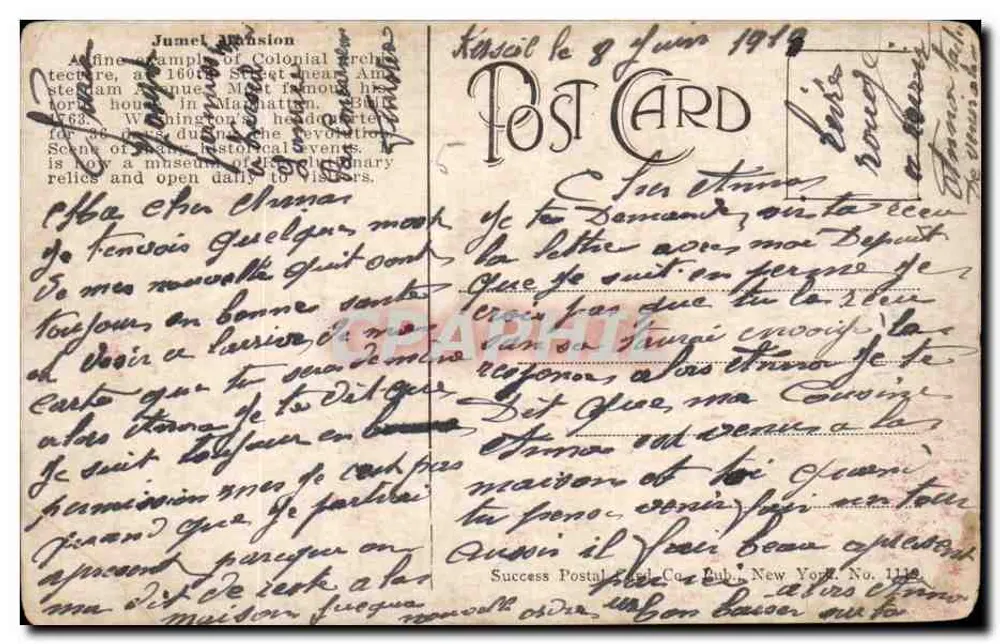 Jumel Mansion, New York — Success Postal Card Co. — Nr. 1112 - Rückseite