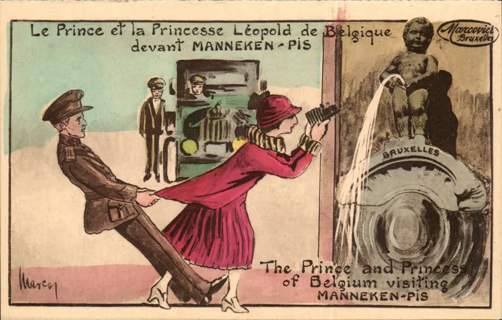 Prinz und Prinzessin Léopold von Belgien vor MANNEKEN-PIS — Marco Marcovici, Brüssel - Vorderseite