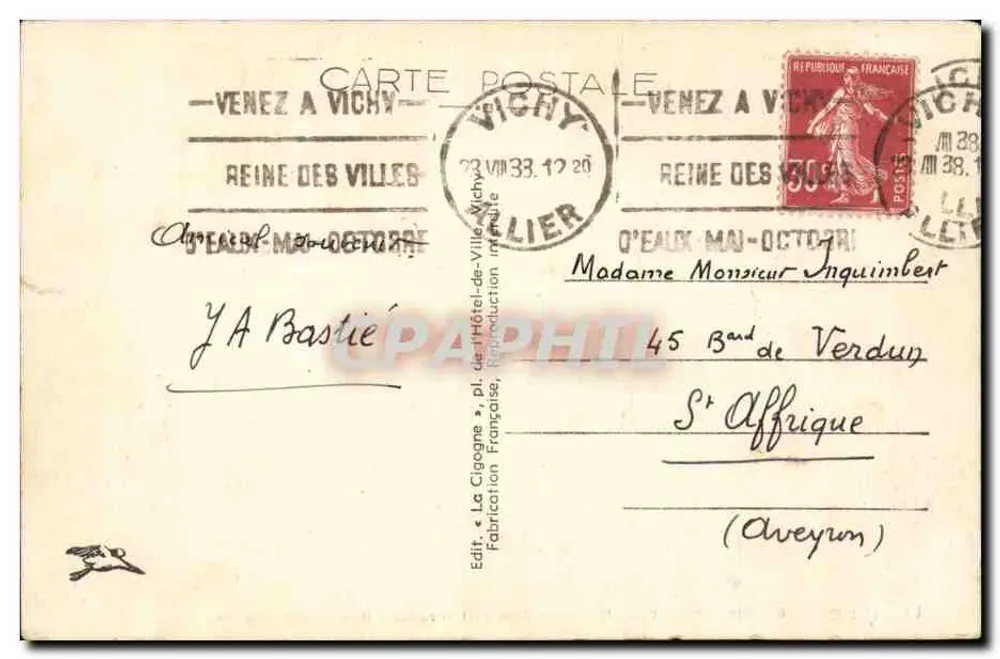 Vichy — In den Großen Parks — Der Schwanenteich — Der Storch, Nr. 535bis - Rückseite