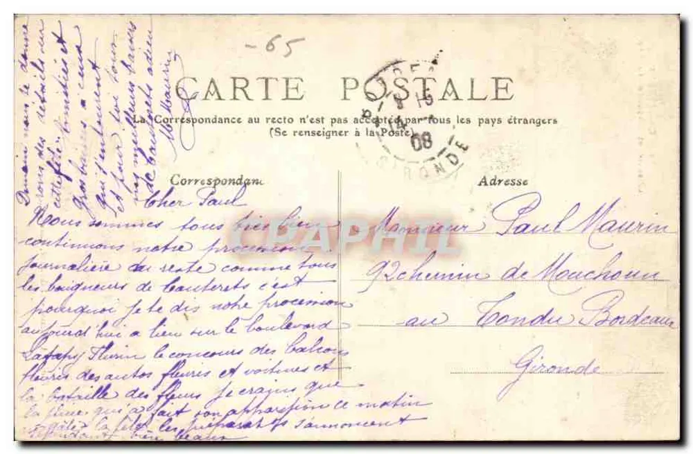 Cauterets — Glissoir e Cascata do Pré — Edição A. Bézane, Cauterets - Verso