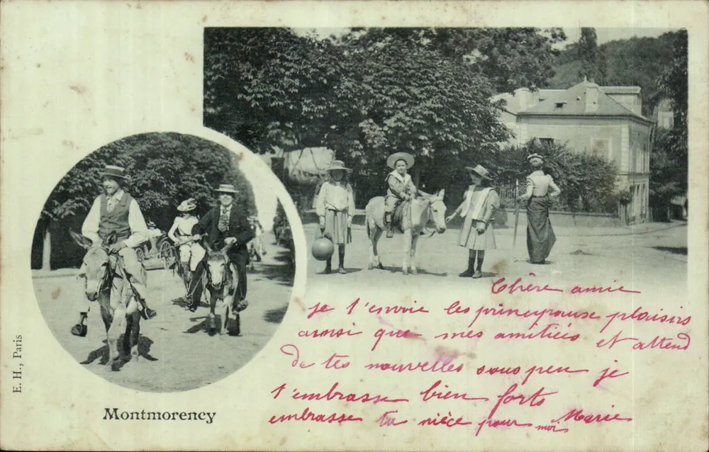 Montmorency — cavaleiros e moças a cavalo — E.H., Paris, número de série não visível - Frente