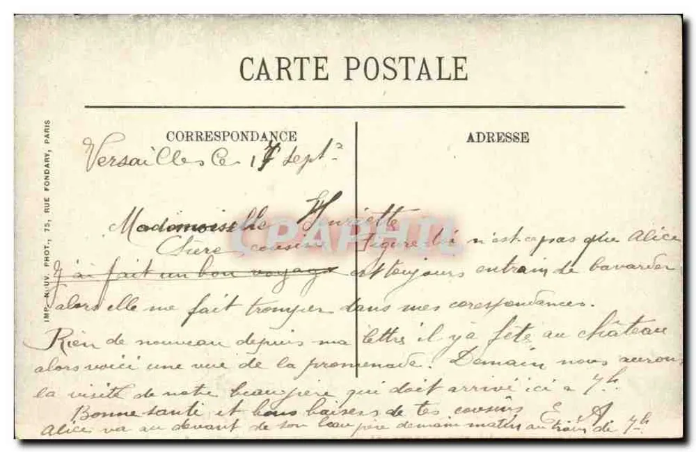 Parque de Versailles — Banhos e Gruta de Apolo — Imp. Niuv. Phot., Paris - Verso