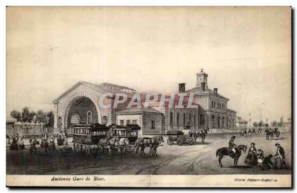 Ancienne Gare de Blois — vue de l'édifice avec voitures à cheval — Cliché Habert-Godefroy - Frente