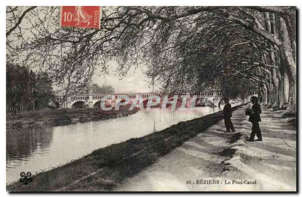 Béziers - O Ponte-Canal — visão do canal cercado de árvores, n° 61 - Frente