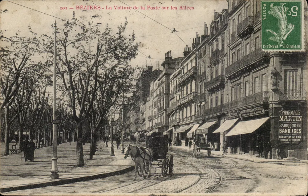 Béziers — Die Postkutsche auf den Allées — Unbekannter Verleger, Nr. 201 - Vorderseite