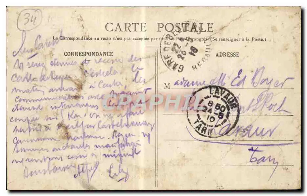 Béziers - La Gare — vue du quai et d'un train à vapeur, éditeur M. Pons, phot. n°32 - Verso