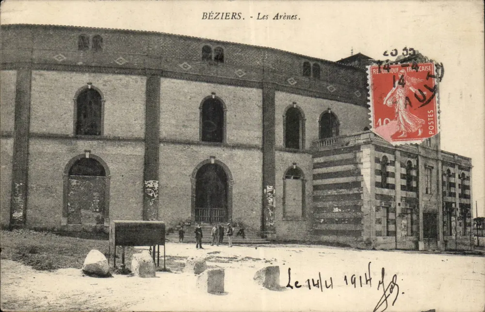 Béziers - Les Arènes — widok zabytkowego monumentu z znaczkiem 10c i ręcznym datowaniem 14/11/1914 - Awers