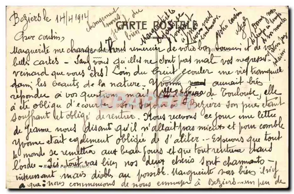 Béziers - Les Arènes — widok zabytkowego monumentu z znaczkiem 10c i ręcznym datowaniem 14/11/1914 - Rewers