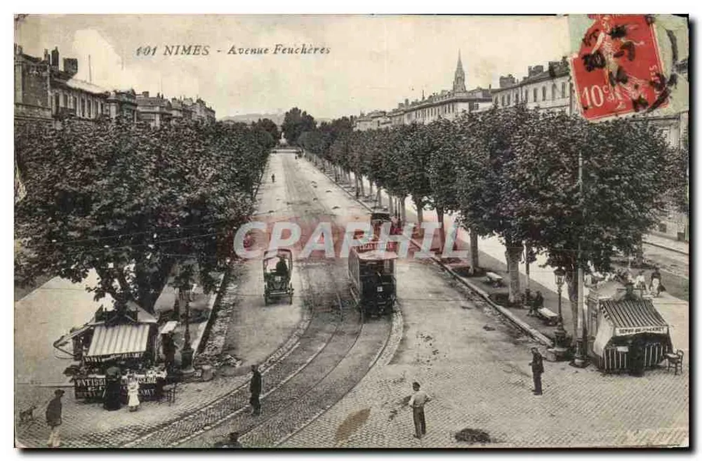 Nîmes - Aleja Feuchères — widok ulicy z tramwajem i kioskami — Wyjazd z Châcheta - Awers