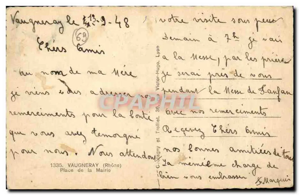 Vaugneray — vista da praça da Mairie — editor G. Vaugneray e Trolliet, n°69 - Verso
