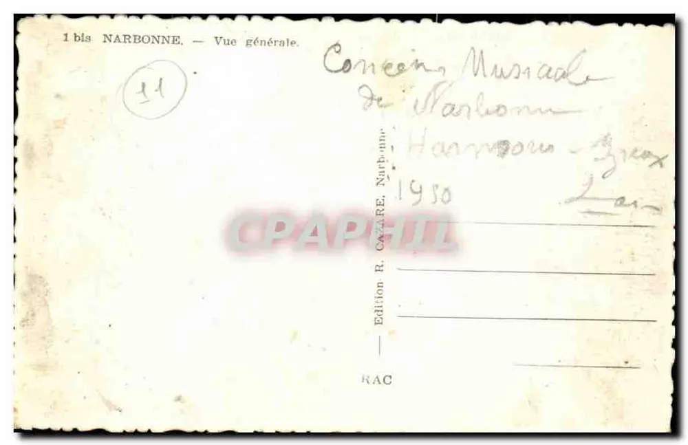 Narbonne — Vista geral — Edição R. Cazare, n° 1 bis - Verso