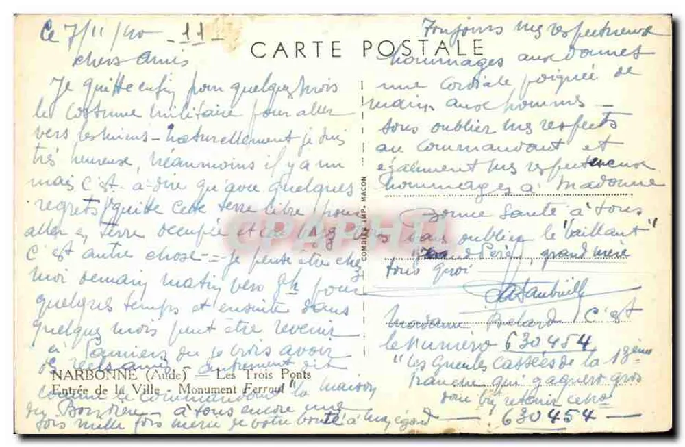 NARBONNE (Aude) - Os Três Pontes — Monumento Forraud — editor Cim - Verso
