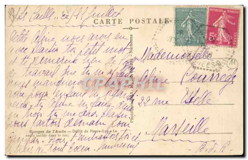 Gorges der Aude — Durchgang Pierre-Lys — Straße in den Felsen geschnitten — ERA - Rückseite