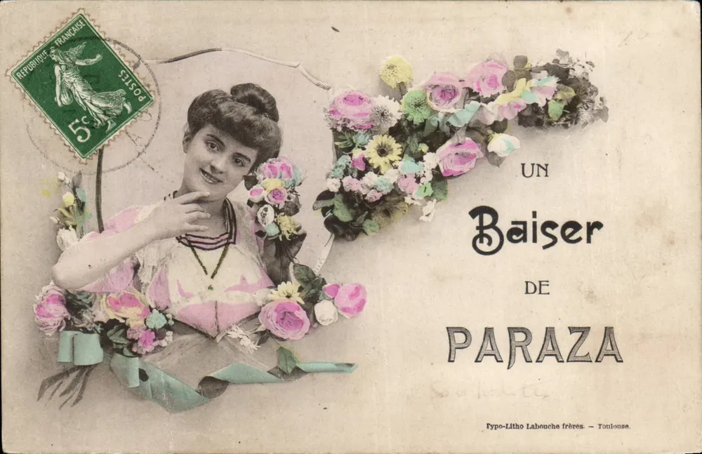 Eine junge Frau umgeben von Blumen — Ein Kuss von Paraza — Typo-Litho Labonche frères - Toulouse - Vorderseite