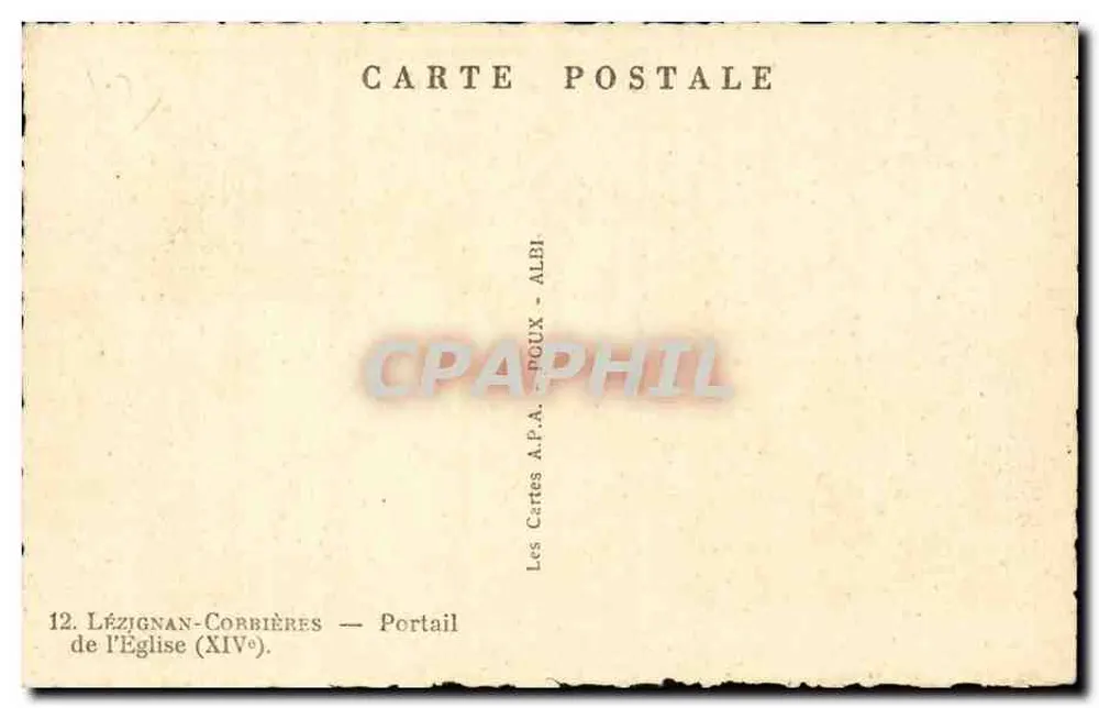 Lézignan-Corbières — Portal der Kirche (14. Jahrhundert) — Les Cartes A.P.A. POUX - ALBI - Rückseite