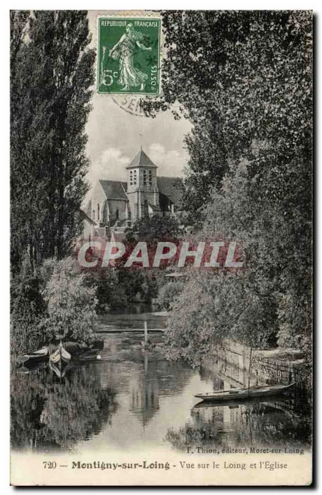 Montigny-sur-Loing — Blick auf den Loing und die Kirche — F. Thion, Verleger, Moret-sur-Loing - Vorderseite