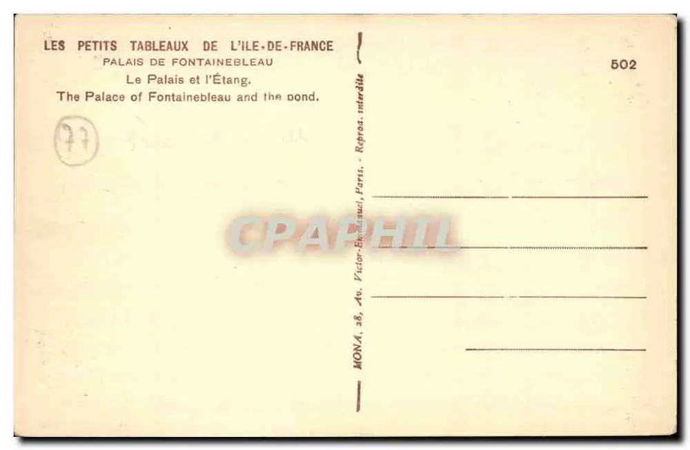 Schloss Fontainebleau — Das Schloss und der Teich — Verlag Mona, Nr. 502 - Rückseite