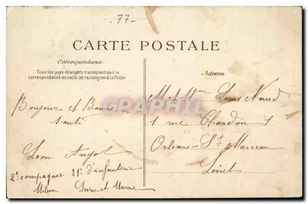 Melun — Casa de Infantaria — E.P.D. n°482 - Verso